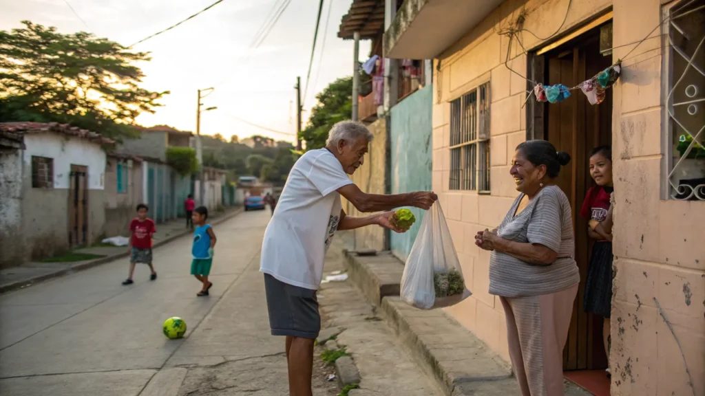 Un hombre ofrece comestibles a una anciana en un barrio humilde, encarnando la fe a través de actos de amor y servicio en la vida cotidiana.