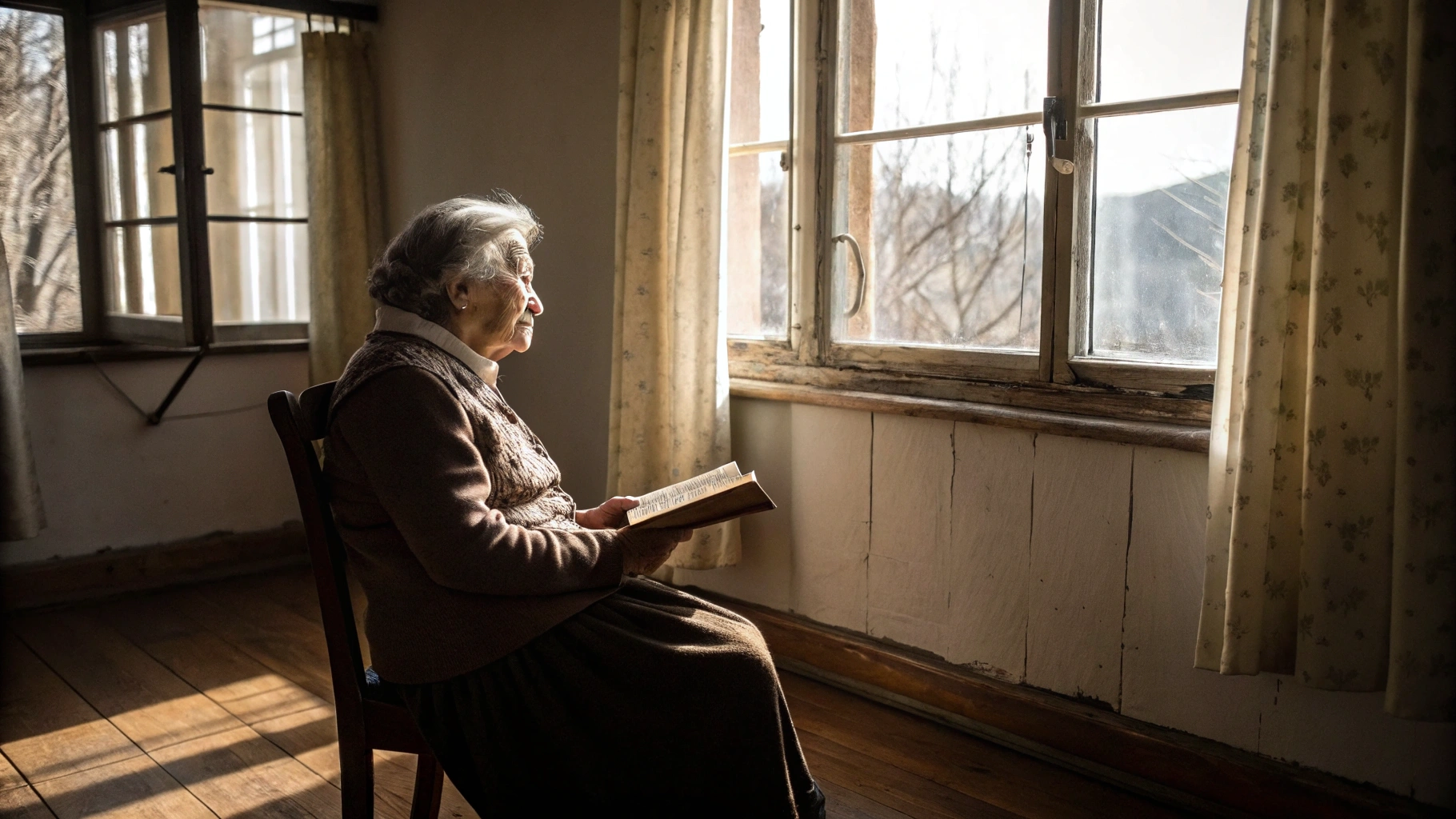 Mujer anciana sentada con una Biblia en su regazo, iluminada por la luz del sol, transmiti