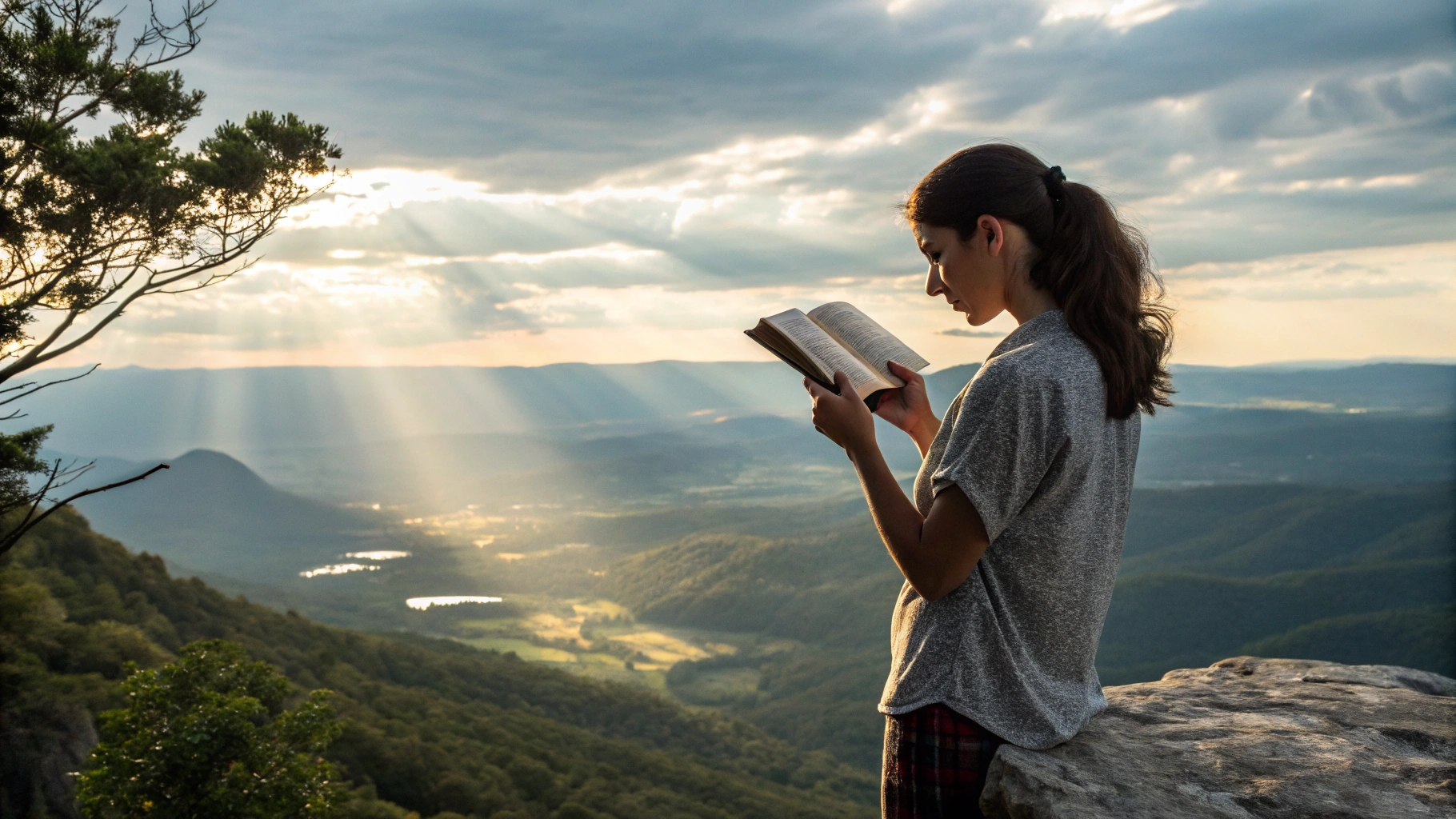 Mujer joven sosteniendo una Biblia sobre un acantilado, mirando un valle radiante bajo rayos de sol, simbolizando misión y esperanza en Dios.