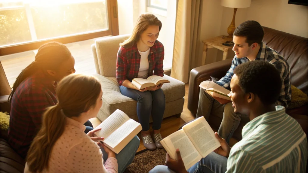 Grupo diverso en estudio bíblico casero, reflexionando con Biblias abiertas sobre la interpretación cristocéntrica e identificándose con los villanos bíblicos.