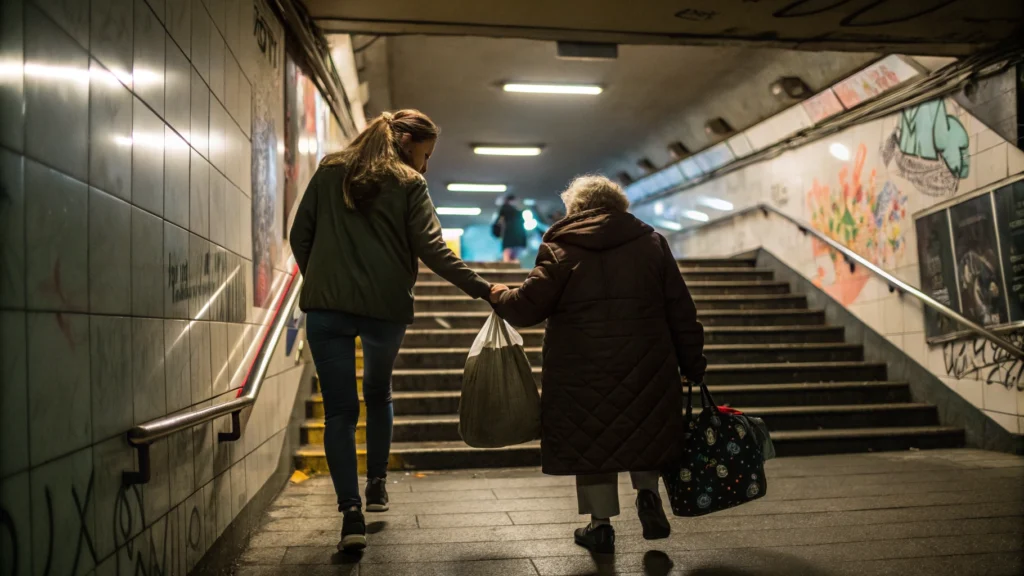 Joven ayudando a una anciana en una estación de metro oscura, destacadas por una luz sutil que las acompaña, simbolizando la bondad como reflejo de la luz de Cristo en lo cotidiano.