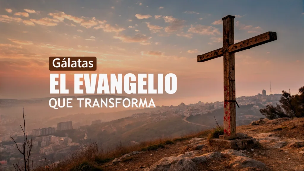 Cruz de madera en una colina al amanecer con vista panorámica de una ciudad al fondo, cielo con nubes doradas y tonos cálidos que evocan un mensaje de esperanza y transformación espiritual.