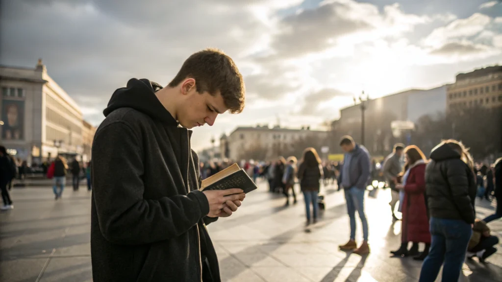 Un joven orando en una plaza concurrida con la Biblia en mano, iluminado por luz celestial, reflejando una fe auténtica y contracultural.