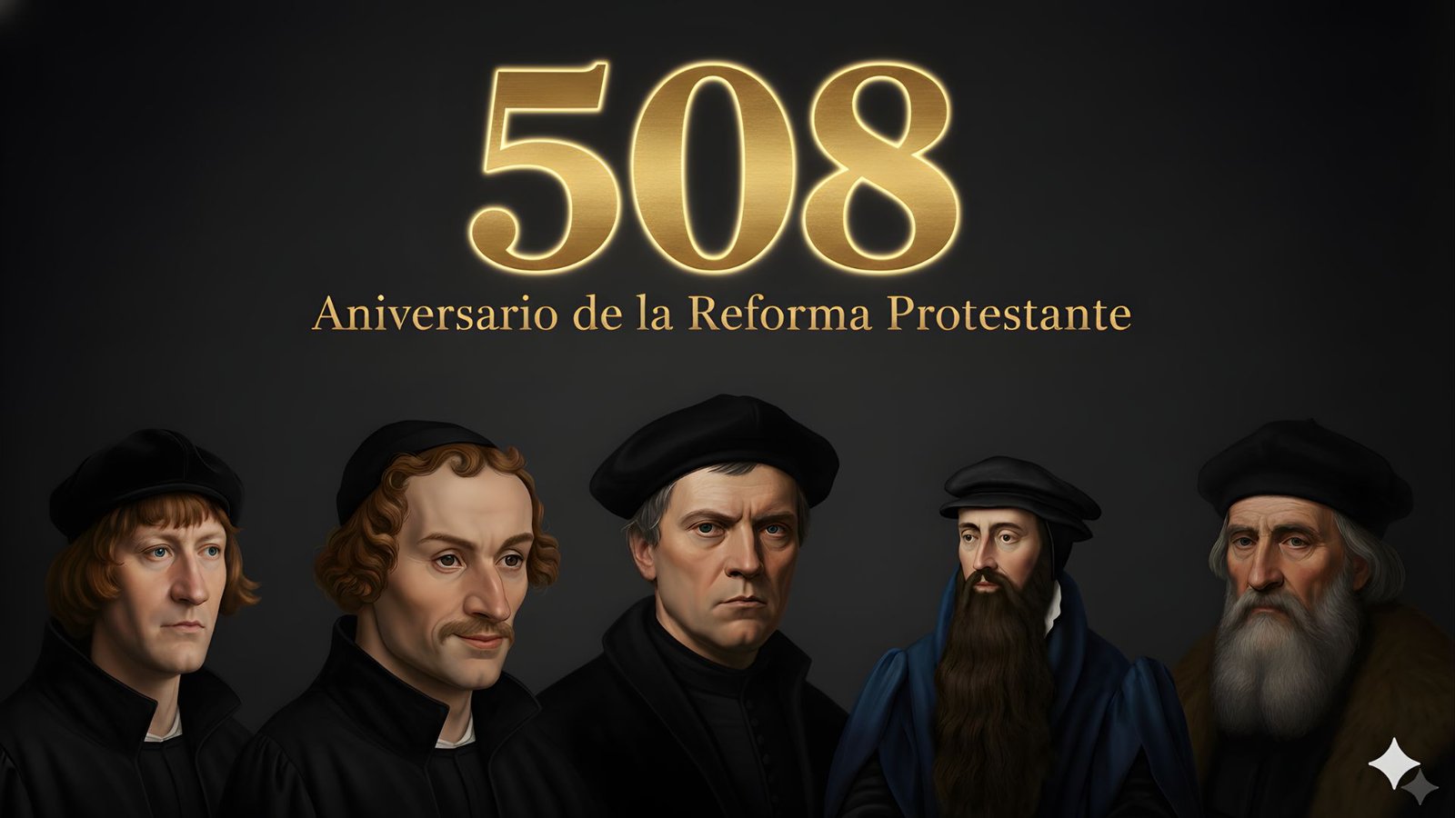 508 Aniversario de la Reforma Protestante Retrato conmemorativo del 508 aniversario de la Reforma Protestante, mostrando a cinco reformadores con expresiones solemnes y vestimenta histórica, sobre un fondo oscuro con iluminación cálida que resalta la seriedad espiritual del momento.