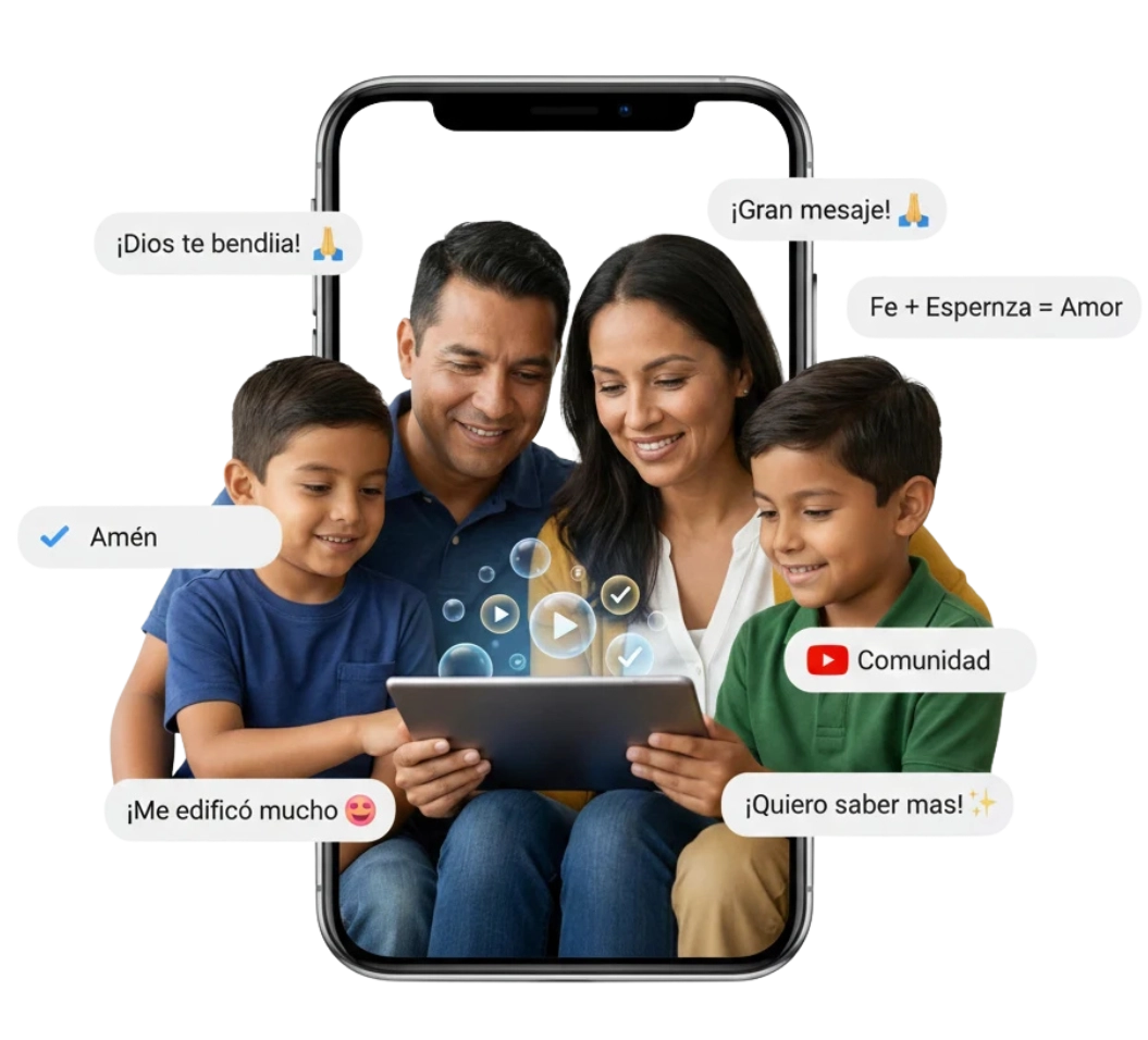 Familia hispanoamericana interactuando junta con contenido cristiano digital en tablet y smartphone, representando comunidad de fe,
