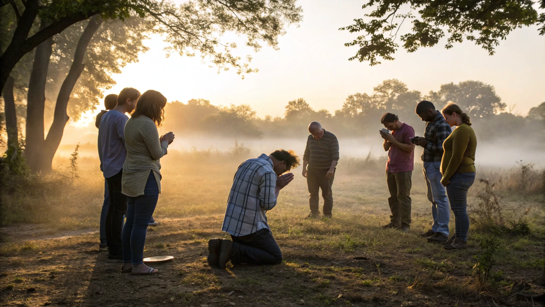 Despertar espiritual en comunidad Grupo de creyentes al amanecer, orando en círculo con reverencia y humildad, rodeados por una neblina suave y luz dorada. Imagen que transmite arrepentimiento y comunión espiritual.
