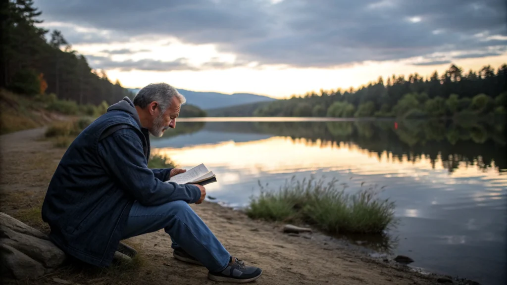 Un hombre lee la Biblia en silencio junto a un lago al atardecer, experimentando la paz de comprender su lugar en la narrativa divina.