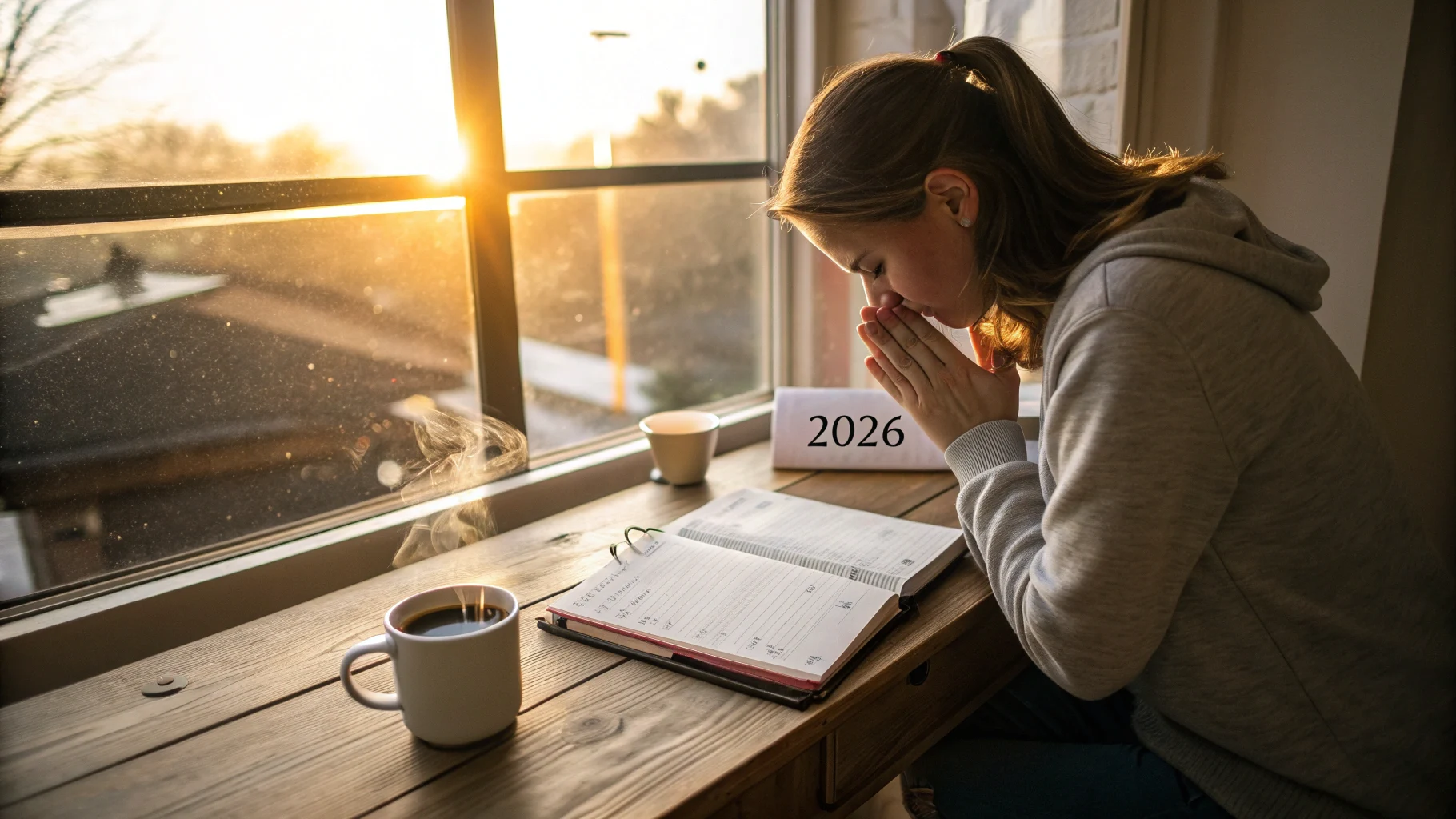 Planifica con oración el año nuevo Mujer cristiana comienza el 2026 orando ante su agenda en blanco, guiada por la Palabra de Dios y la luz del amanecer.
