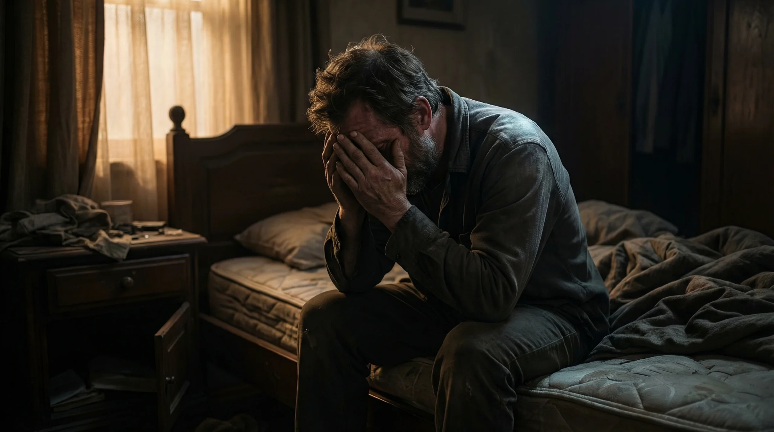 Hombre en un momento de oración profunda y entrega a Dios durante la madrugada, buscando paz frente a las cargas de la vida.